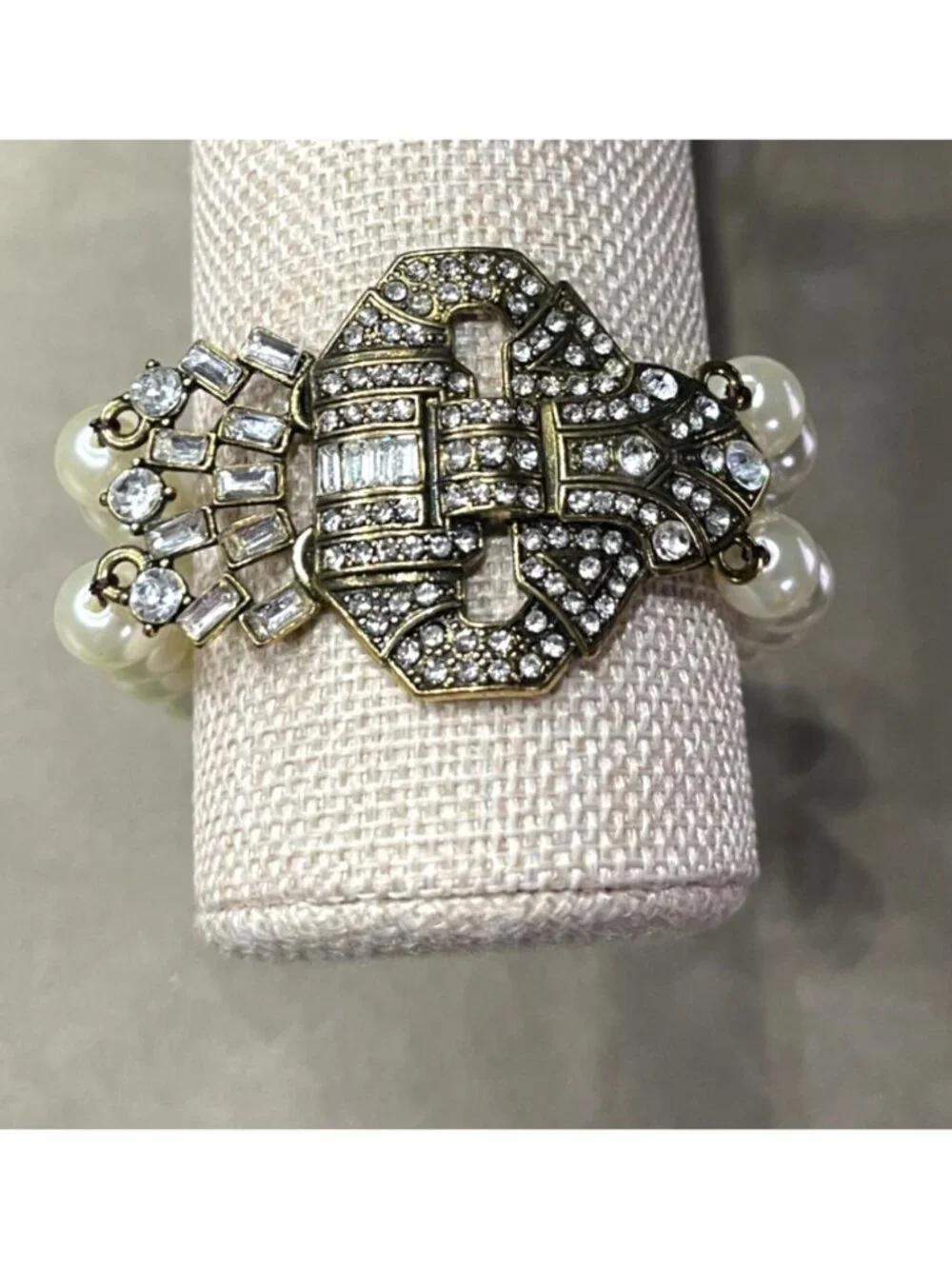 Vintage 90s Art Deco Style Multi Strand Faux Pearl Bracelet Crystal Rhinestone C
